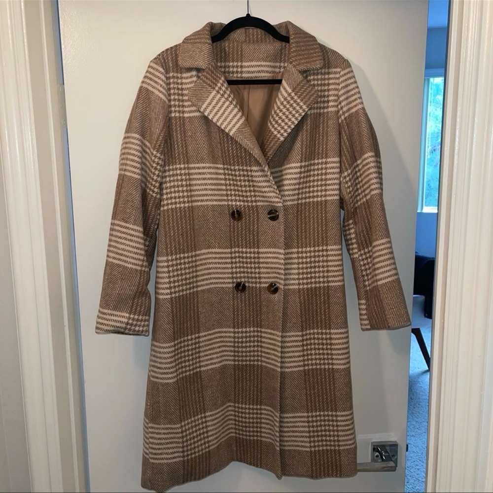 Plaid Houndstooth Lapel Collar Pea Coat